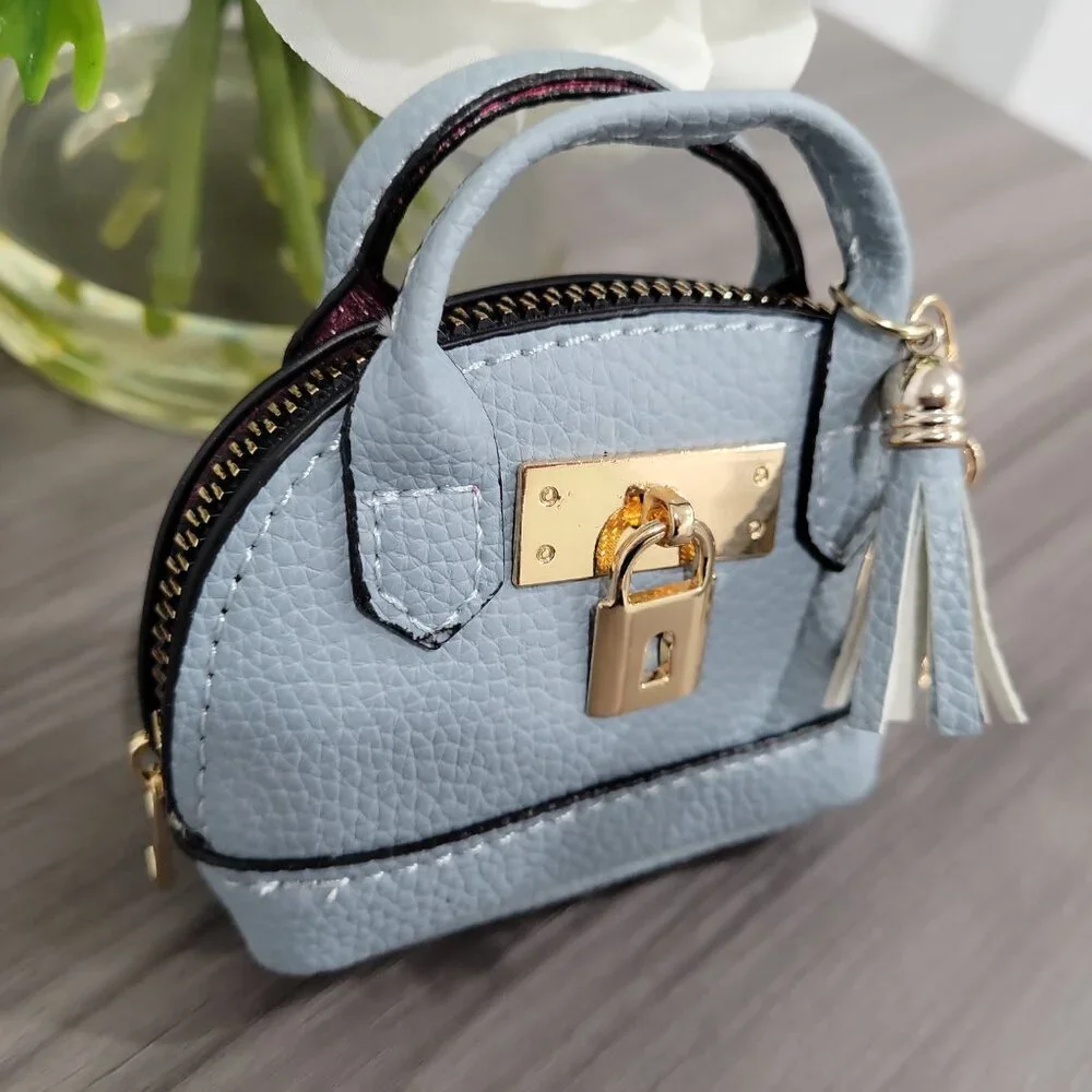 Baby Blue Mini Coin Purse Keychain Wallet AirPods Holder Bag Charm Tassel - Picture 6 of 7